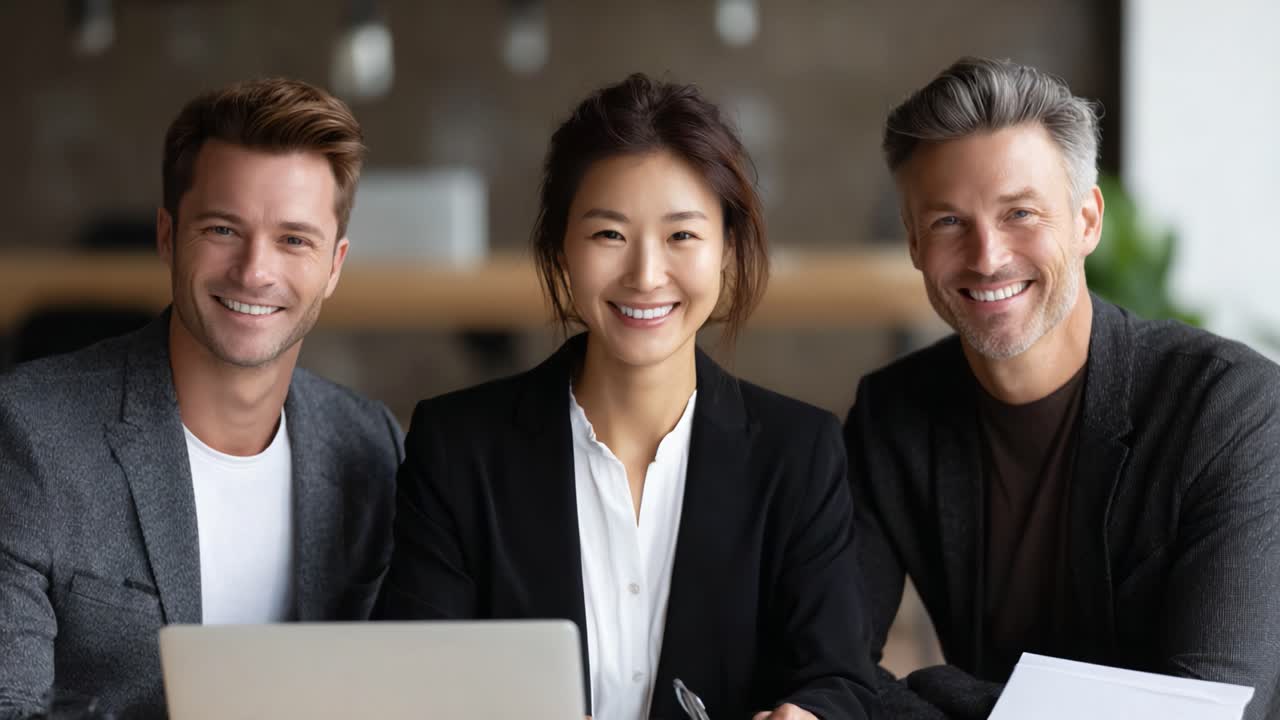 Team sorridente e sicuro di sé in un moderno ufficio che collabora a un progetto con dei laptop, dimostrando professionalità e lavoro di team