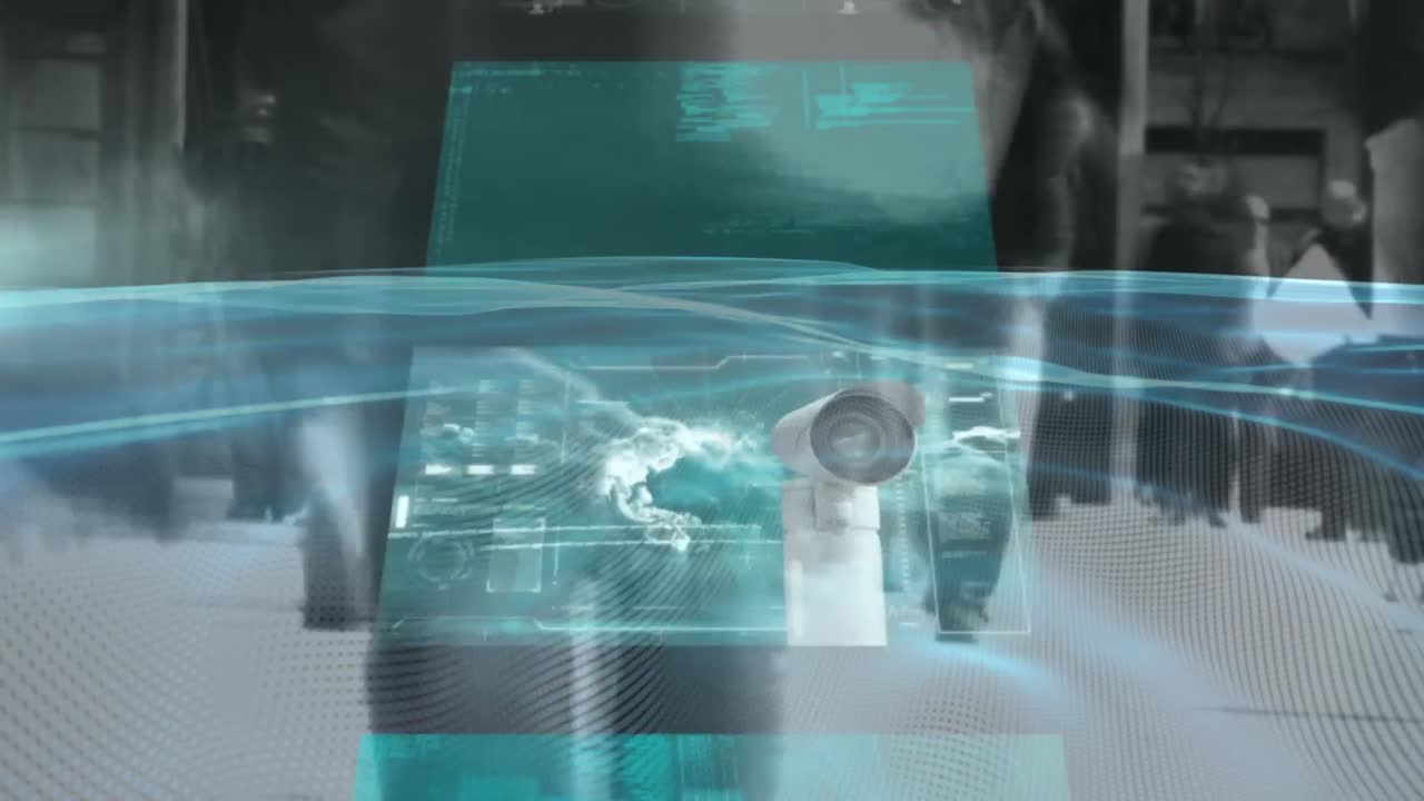 animación del procesamiento de datos en pantallas sobre peatones que caminan en cámara lenta