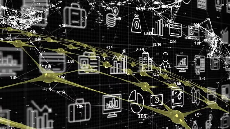 Animazione di molteplici icone digitali e rete di connessioni su sfondo nero.