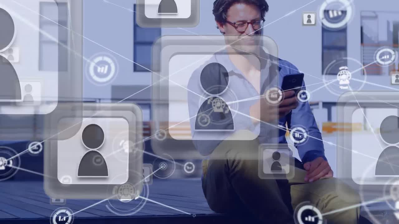 animación de la red de conexiones con iconos sobre el hombre de negocios que usa un teléfono inteligente