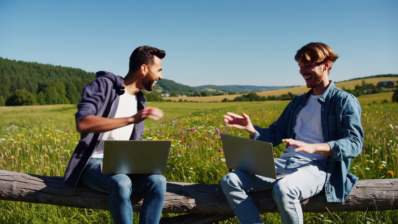 Two Men Working on Laptops in a Sunny Meadow