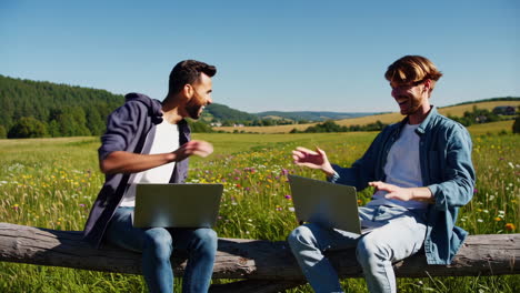 Two Men Working on Laptops in a Sunny Meadow