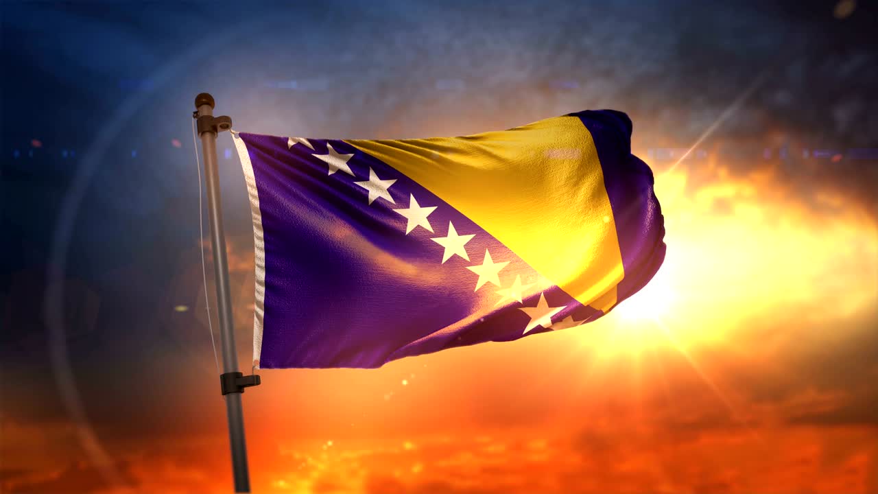 bandera de bosnia y herzegovina retroiluminada en un hermoso bucle de amanecer en cámara lenta 4k