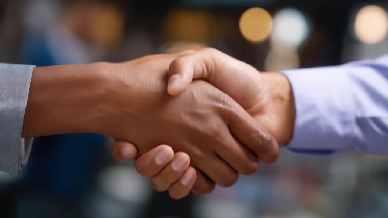 Two individuals engaging in a firm hand shake symbolizing agreement, cooperation, or partnership in a professional or business setting with blurred background