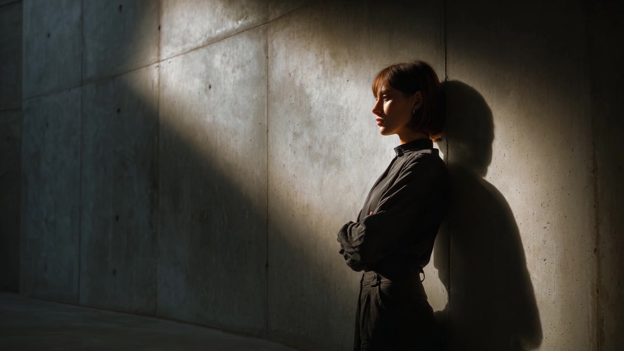Una donna contemplativa in piedi contro un muro di cemento texturizzato, illuminata da un'illuminazione drammatica che proietta un'ombra morbida esaltando un'atmosfera serena