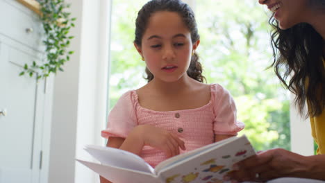 cerca de la madre y la hija en casa sentados en el suelo en el salón leyendo un libro juntos