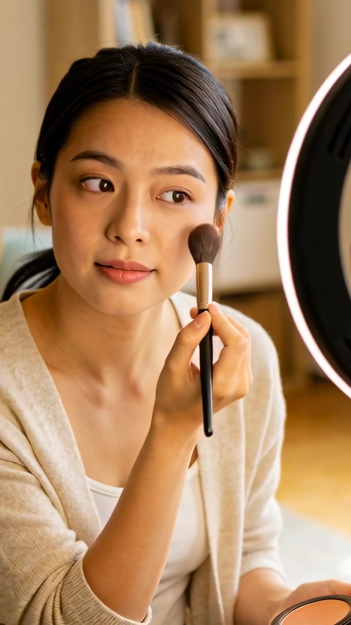 Vertical video: Ring light on, woman in cardigan applying blush with brush at home for tutorial