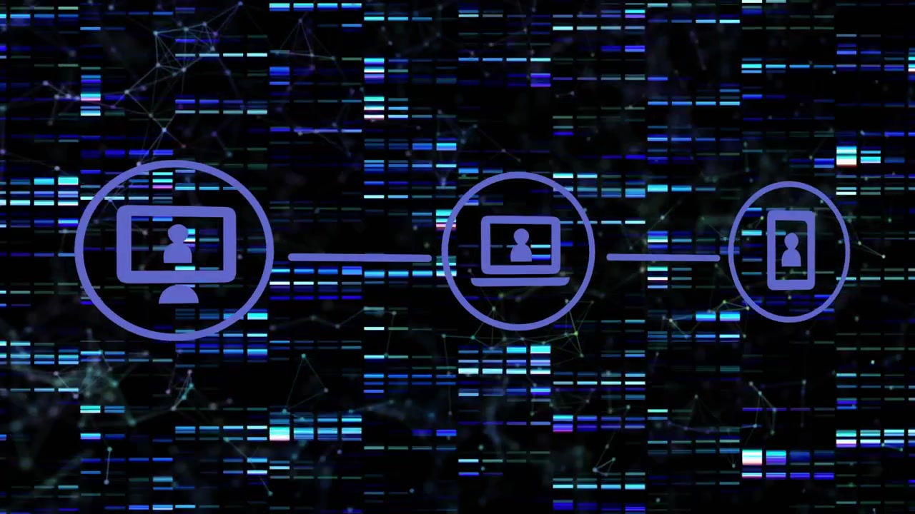 Monitor appearing, laptop and phone joining, device icons linking and pulsing, showing network flow