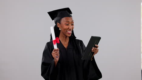 Black-woman,-graduation-and-tablet-dancing