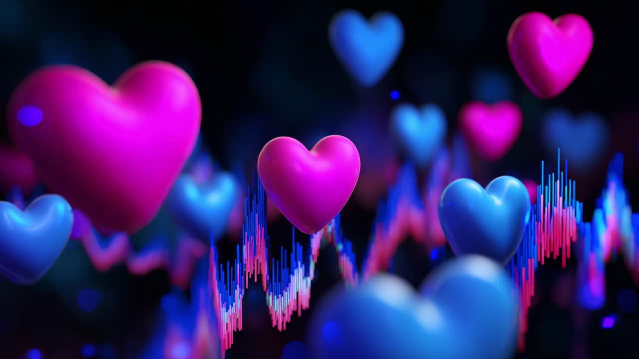 A Vibrant Display of Floating Hearts in Vivid Colors with Soundwave Patterns in the Background, Merging Emotional Aesthetics with Visual Rhythm, Capturing Love and Music in Perfect Harmony