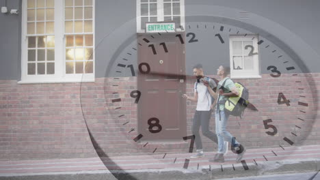 animation of clock moving over biracial male friends walking in city