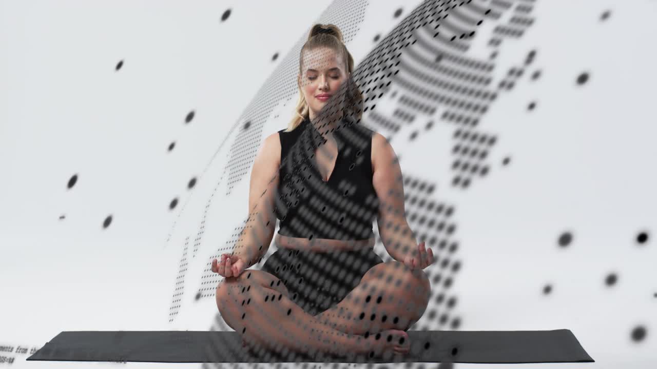 Fitness yogi on mat reacting to halftone overlay, flowing hands to mudra for breath