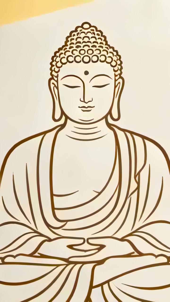 Video verticale: La telecamera si allontana, mostrando un Buddha seduto al centro su una parete color crema con una fascia gialla.