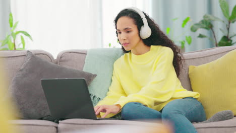 laptop, writing and woman with headphones