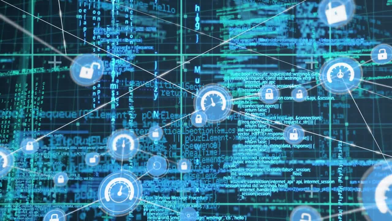 animación de la red de iconos digitales y procesamiento de datos sobre la red de cuadrícula contra un fondo azul