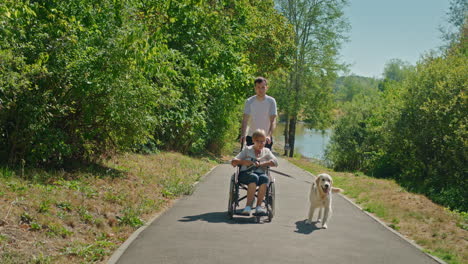 elderly woman in a wheelchair with a dog and her caregiver