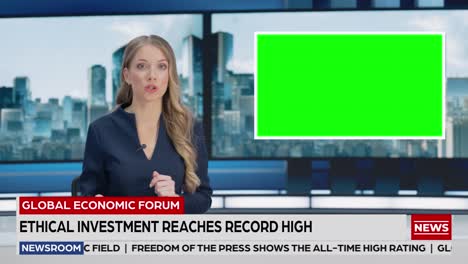 newsroom tv studio live news program: caucasian female presenter reporting, green screen chroma key screen picture. television cable channel anchor woman talks. network broadcast mock-up playback