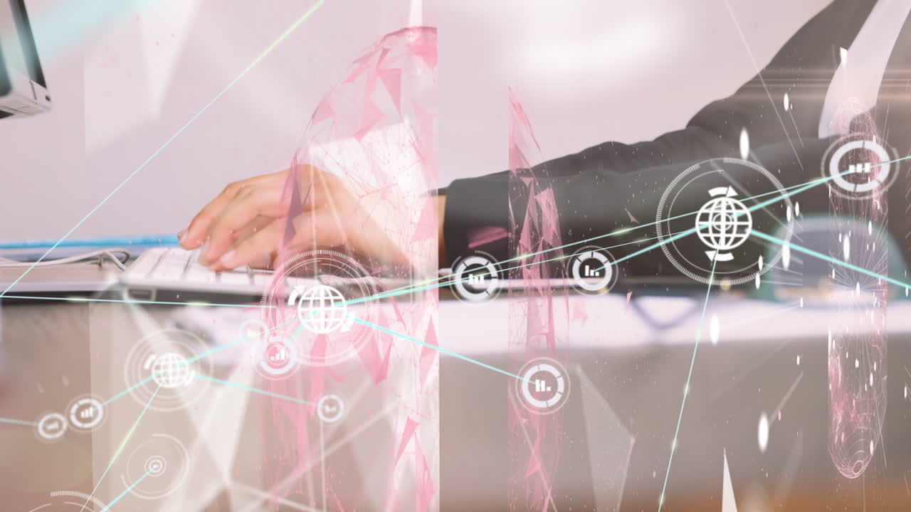 컴퓨터를 사용하여 코카시안 사업가에 대한 아이콘과 연결 네트워크의 애니메이션