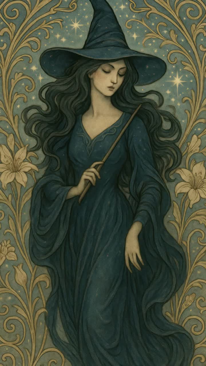 A mystical witch in a flowing gown and hat, holding a wand. Art Nouveau style with a starry