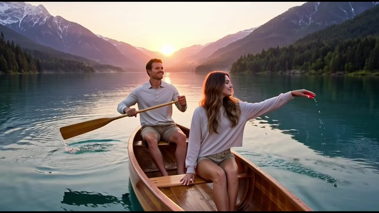 Cặp đôi trẻ chèo thuyền kayak trên hồ núi thanh bình lúc hoàng hôn