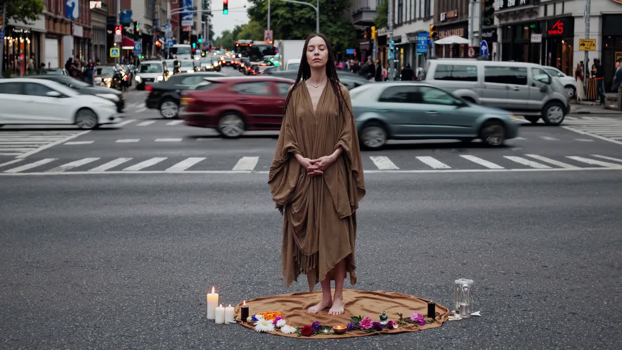 Woman in flowing brown robe stands serenely on street surrounded by traffic, creating a striking contrast with the bustling urban environment and evoking a sense of calm amidst chaos