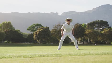 Cricketspieler-Fängt-Den-Ball-Auf-Dem-Spielfeld