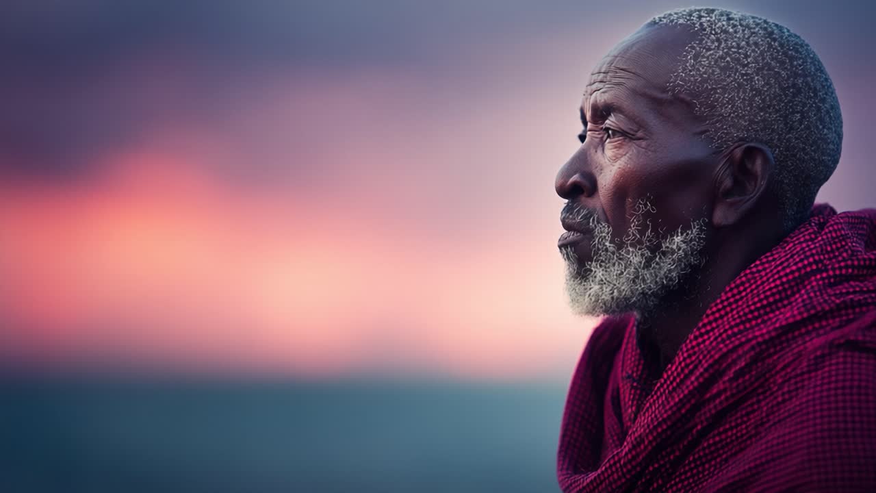 Contemplation at Dusk: A Profound Reflection of a Wise Elder Against a Colorful Sky, Evoking Emotion and Wisdom in a Serene Landscape