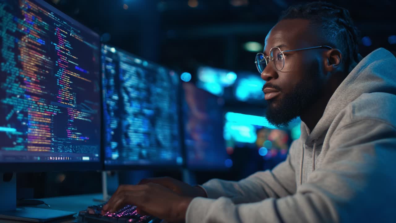 A Focused Programmer Analyzing Complex Code on Multiple Monitors in a Dimly Lit Environment for Enhanced Software Development and Debugging