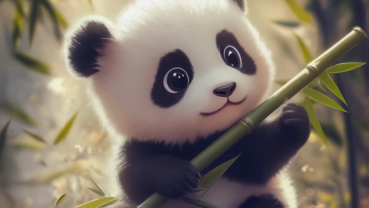 Panda de dibujos animados lindo comiendo bambú