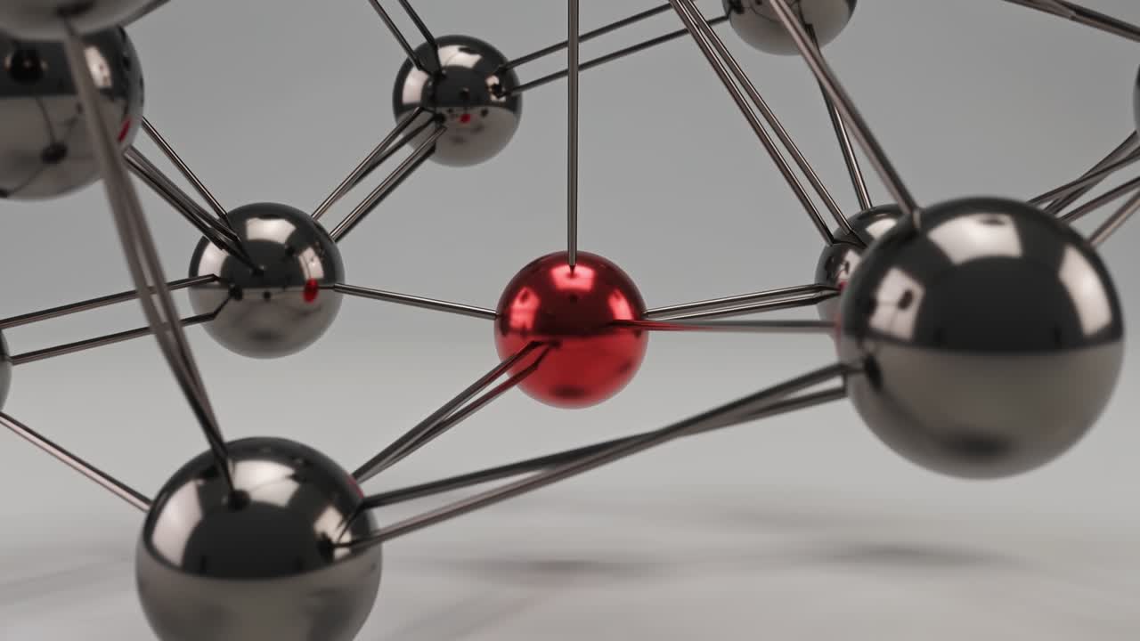 Abstract 3D molecular structure model with black spheres and one red sphere representing uniqueness and science