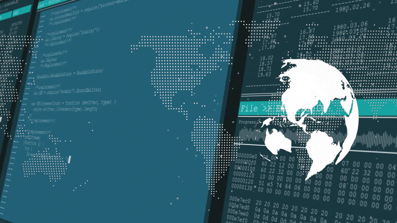 Animation of digital world map and binary code overlaying computer screen interface