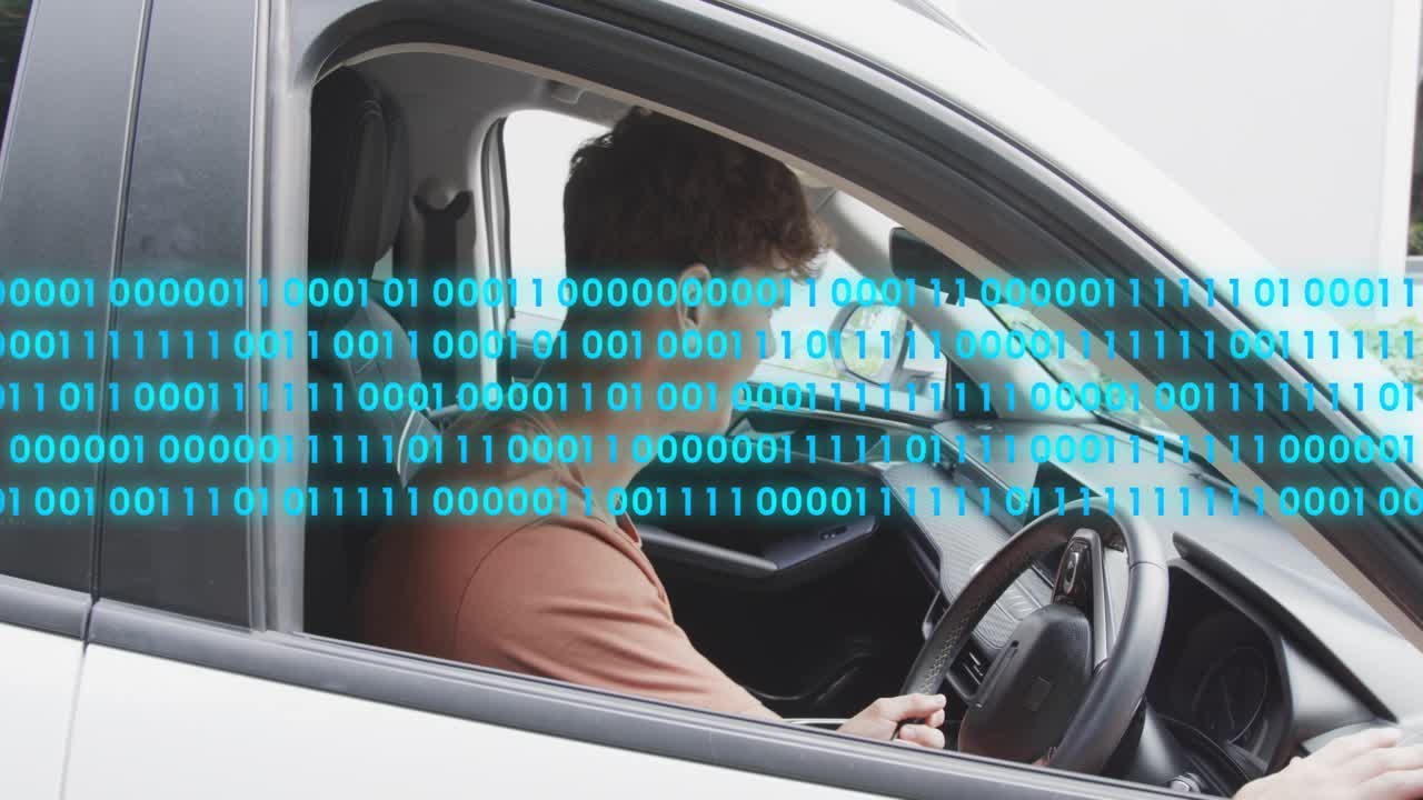 Driver shifting in car while moving hands to wheel, binary code sweeping as preparing tech demo