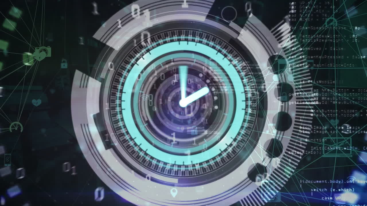 검은색 배경에 연결을 스캔하는 범위와 함께 움직이는 시계의 애니메이션