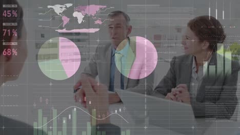 animation of financial data processing over caucasian business people