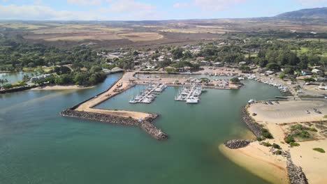 aerial counter clockwise pan of the haleiwa boat harbor on oahu hawaii