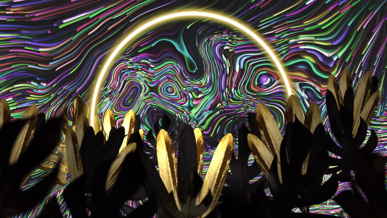 y hojas parpadeantes anillo de luz sobre colorido líquido remolino de fondo