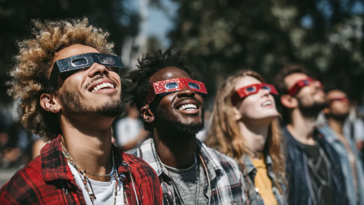 Joyful Group of Friends Enjoying a Celestial Event Together While Wearing Special Glasses for Viewing the Spectacle, Captivated by the Beauty of the Moment