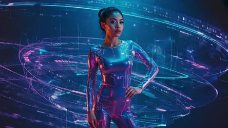 futuristic woman in cybernetic suit amidst digital projections