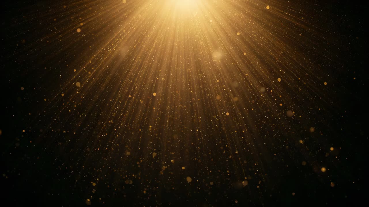 Appearing top-center, warm light casting beams in dark studio, illuminating drifting dust and bokeh