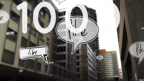 increasing numbers and like text on multiple speech bubbles floating against tall buildings