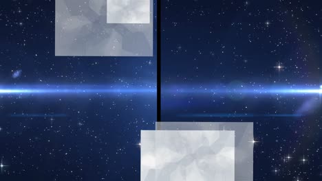 Animation-Eines-Geteilten-Bildschirms-Mit-Grauen-Quadraten,-Blauem-Scheinwerfer-Und-Leuchtenden-Partikeln-Auf-Schwarz