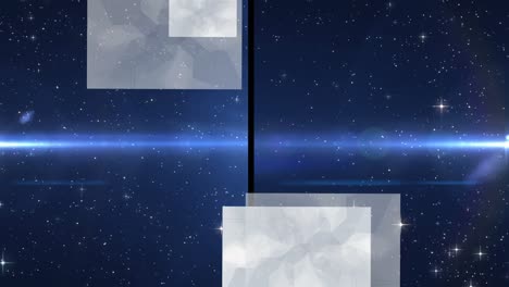 animation of split screen with grey squares, blue spotlight and glowing particles, on black