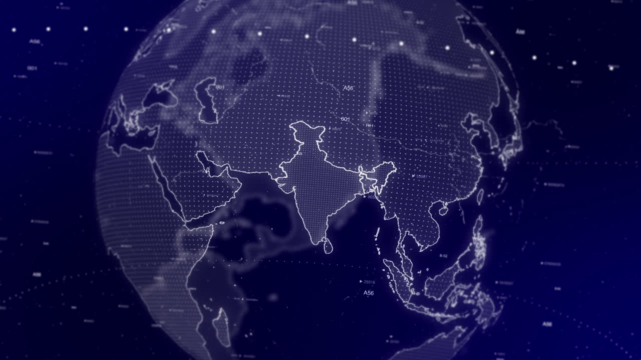 un fondo de video cinematográfico muestra un globo digital girando, haciendo zoom en el país de la india