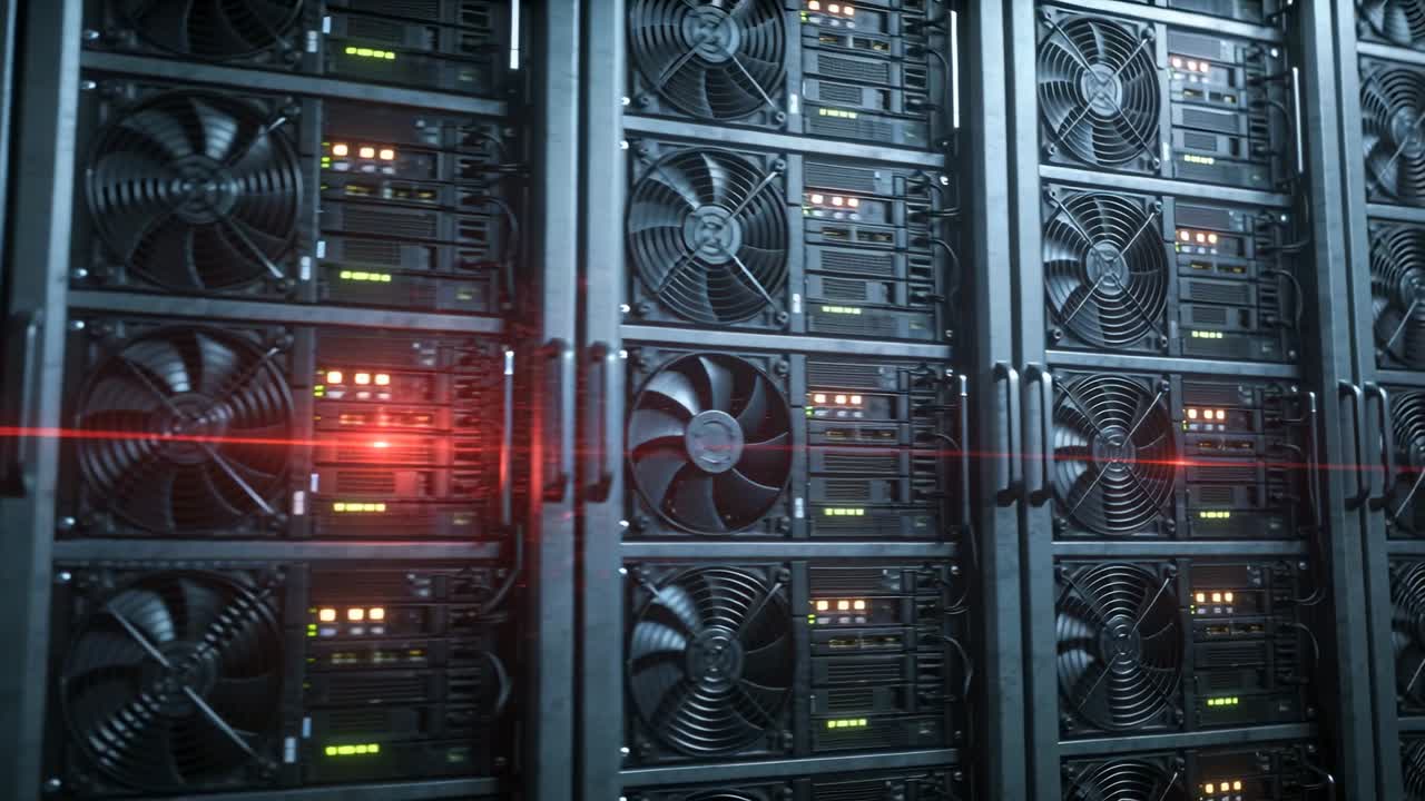 Vertikal video: Skannende rød laser bevæger sig hen over serverracks i datacenter, oplyser båse, LED'er