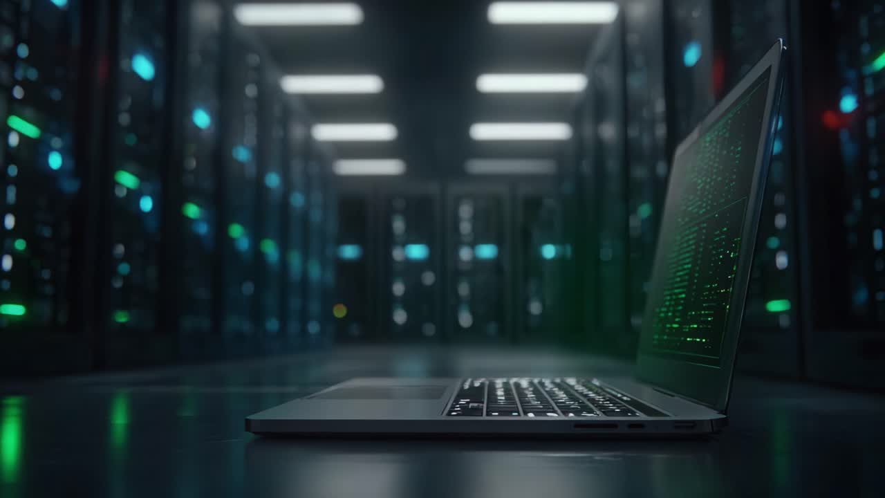 Un laptop moderno in un centro dati high-tech: vetrina di connessioni digitali e tecnologia avanzata sotto luci al neon