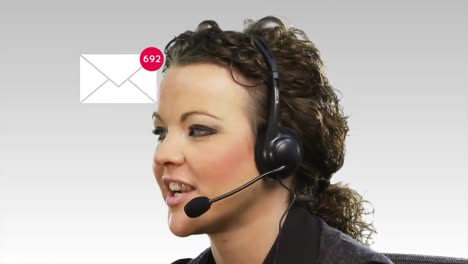 Animation-of-envelope-with-numbers-over-businesswoman-wearing-headset