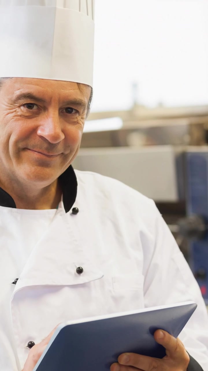 Chef maschio caucasico sorridente che indossa un grembiule e usa un tablet in una cucina professionale.