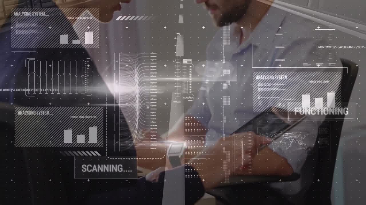 animación del procesamiento de datos financieros sobre una mujer caucásica usando una tableta