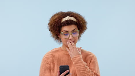 Shock,-news-and-woman-with-phone-in-studio