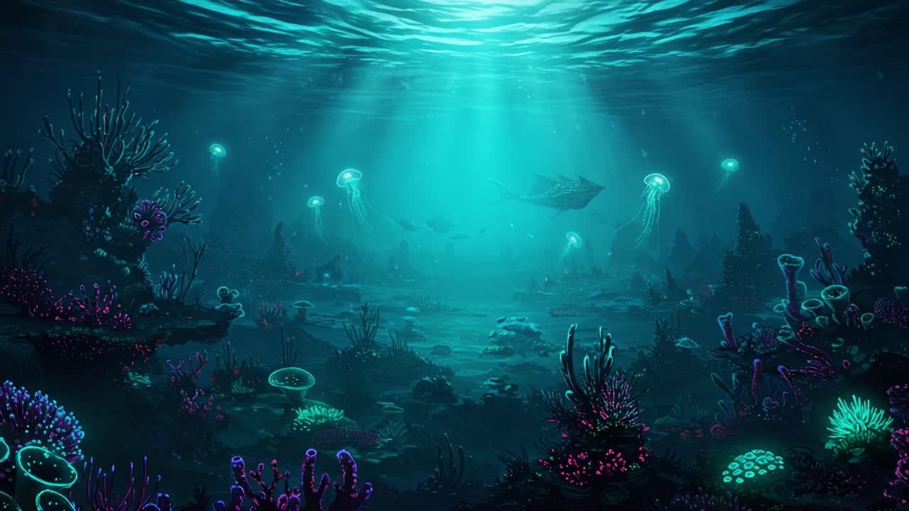 A Breathtaking Underwater Scene Illuminated by Ethereal Light, Showcasing Colorful Marine Life, Majestic Jellyfish, and Vibrant Coral Reefs in a Mystical Deep-Sea Atmosphere